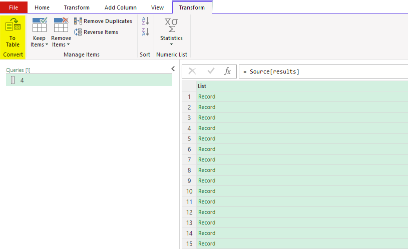 A list of records in Power Query.