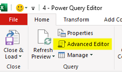 Selecting the advanced editor option in Power Query.