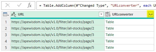 A list of results in Power Query after invoking the custom function.