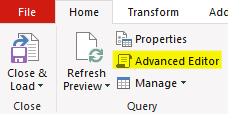 Selecting the Advanced Editor option in Power Query.