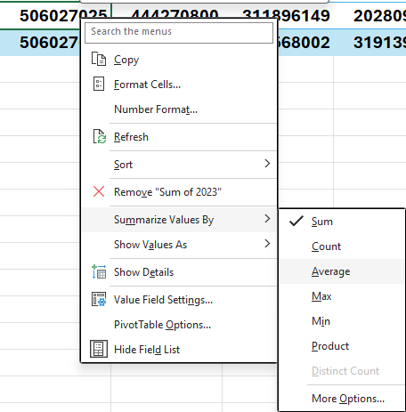 Changing how to summarize values by in a pivot table.