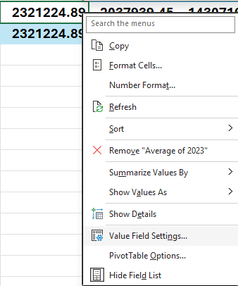 Changing the value field settings in a pivot table.