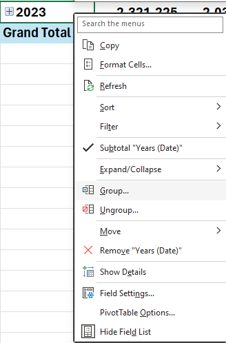 Grouping dates in a pivot table.