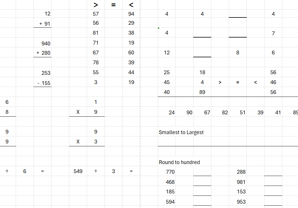 Math worksheets that cover many different types of questions.