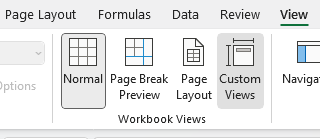 Selecting Custom Views from the View tab in Excel.