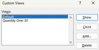 Custom views dialog box in Excel.