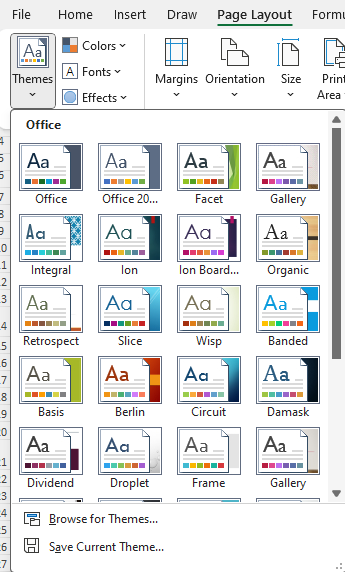 Selecting different themes in Excel.