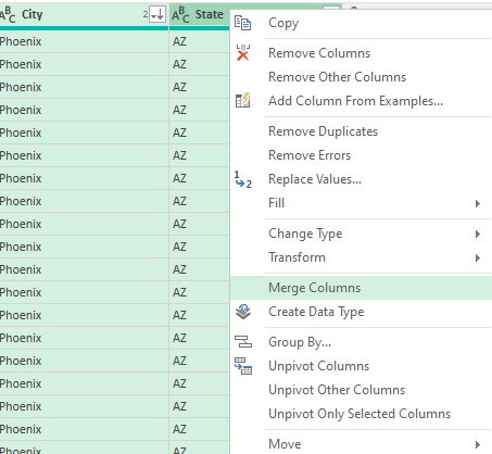 Selecting the option to merge columns in Power Query.