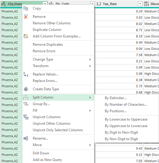 Selecting the option to split a column in Power Query.