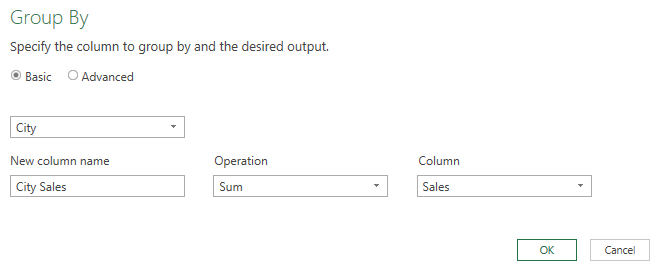 Grouping sales by city in Power Query.