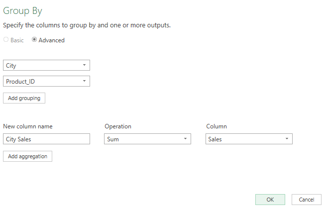 The group by dialog box in Power Query.