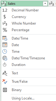 Drop-down options for selecting various data types in Power Query.