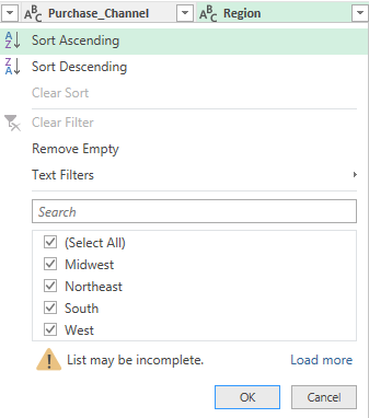 Filtering data in Power Query.