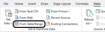 Exporting data into Power Query using the From Table/Range option.