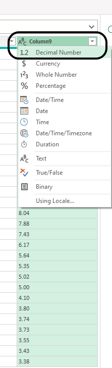 Converting a column into a decimal number format.