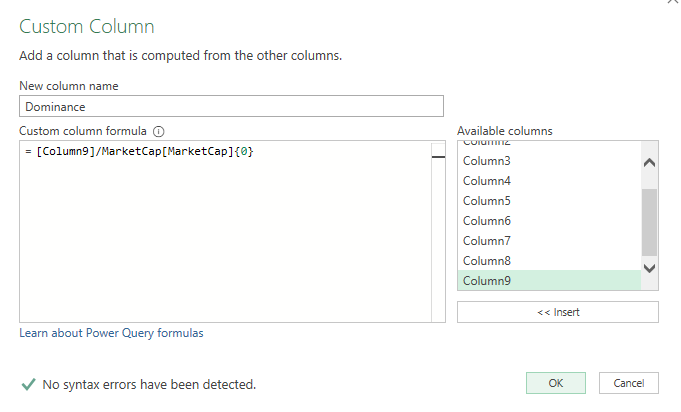 Custom column calculation in Power Query which calculations coin dominance percentage.