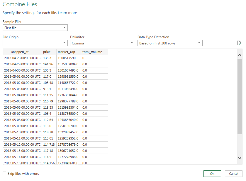 CSV data in Power Query broken out into separate columns.