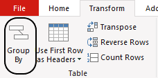 Selecting the group by method in Power Query.