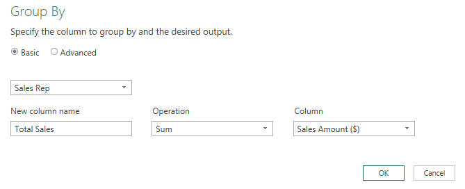 Setting the group by parameters in Power Query.