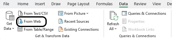 Selecting the From Web option in the Data section of Excel.