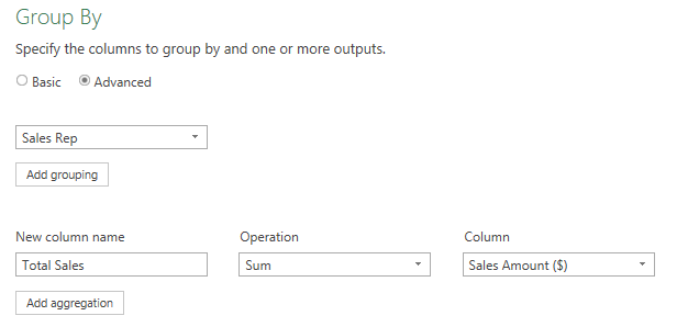 Using advanced rules for the group by method in Power Query.