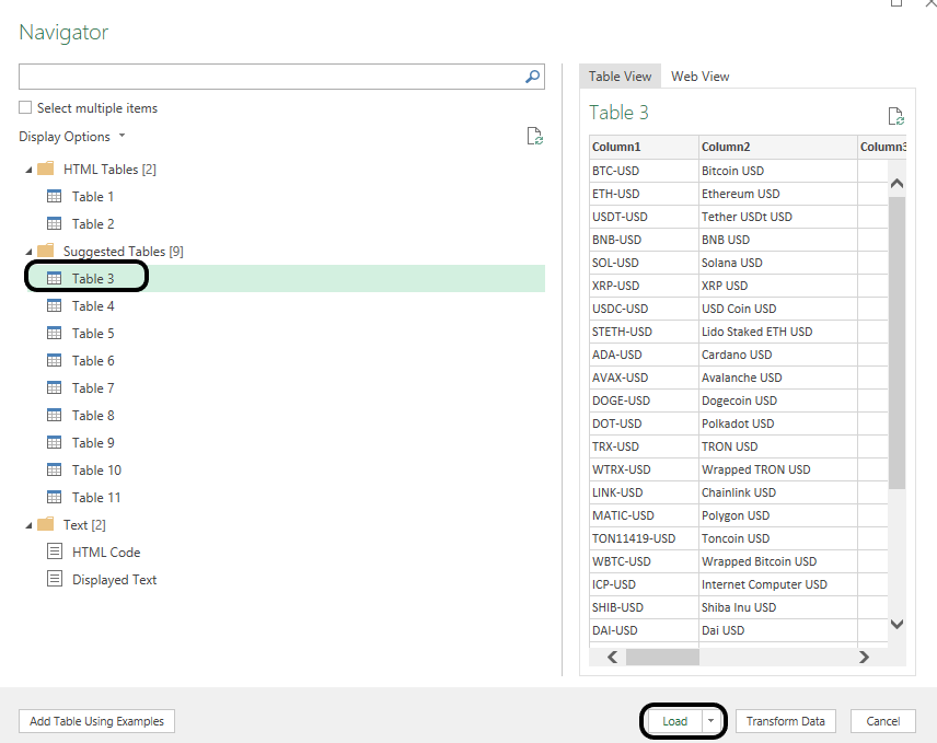 Selecting a table to import from Power Query.