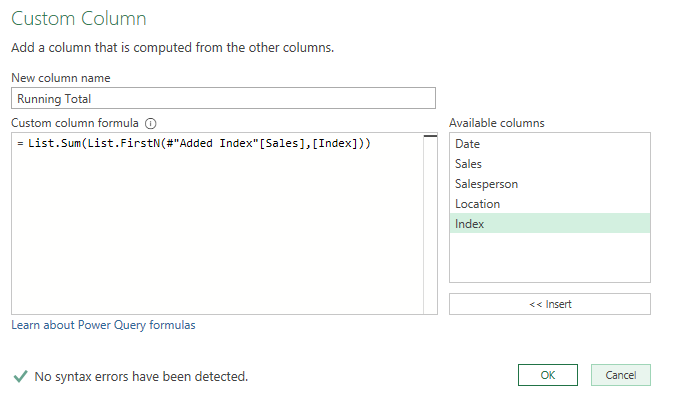 Creating a formula for a custom column in Power Query.