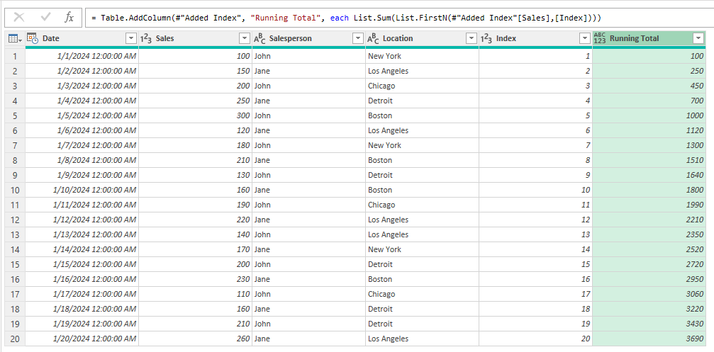 A Power Query table after adding a Running Total column.