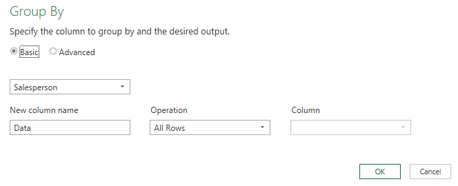 Grouping data by salesperson in Power Query.