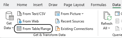 Selecting the From Table/Range button in the Data tab.