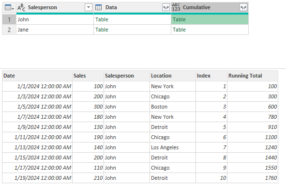 A preview in Power Query of a table nested within a field.