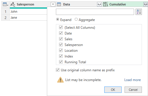 Expanding a table in Power Query.