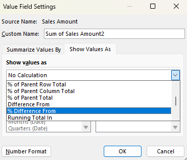 Selecting the percent difference from in a pivot table.