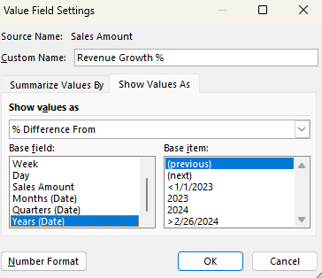 Selecting the percent difference from a previous year in a pivot table.