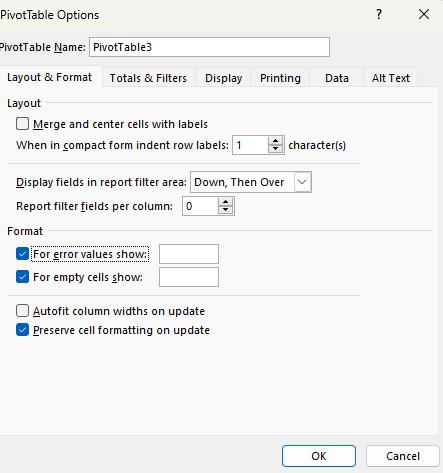 Setting the for error values show in a pivot table to be blank.