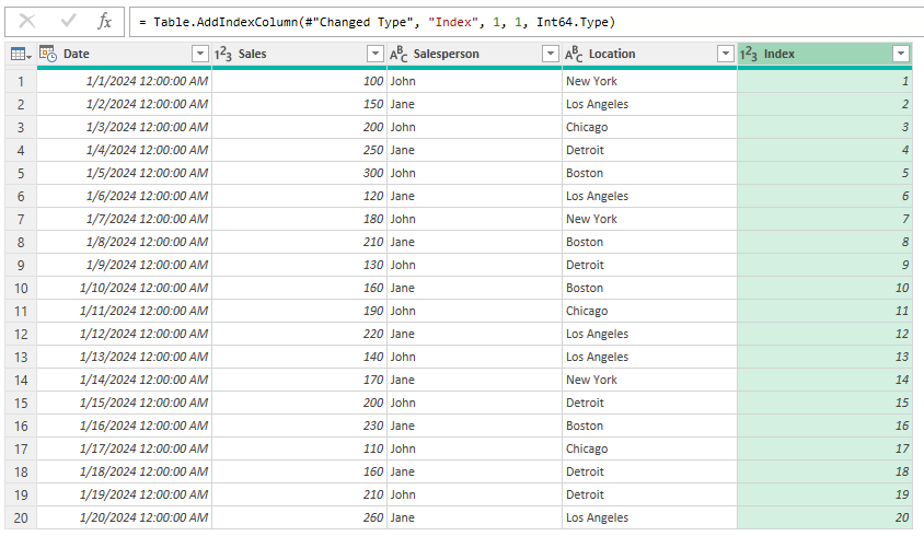 A Power Query table with an index column.