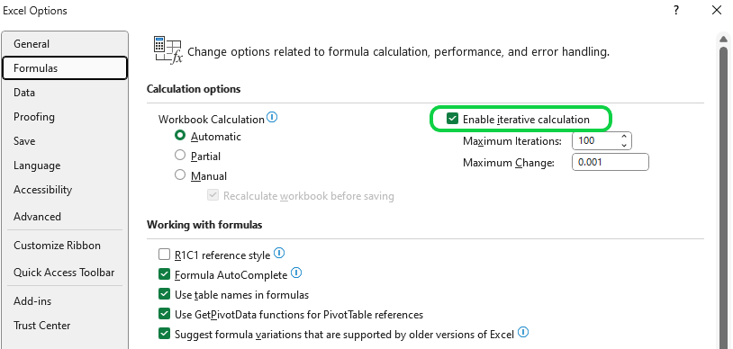 Enabling iterative calculations in Excel.