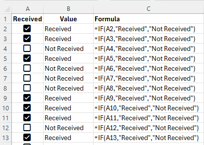 Excel spreadsheet using checkboxes to determine if something was received or not.