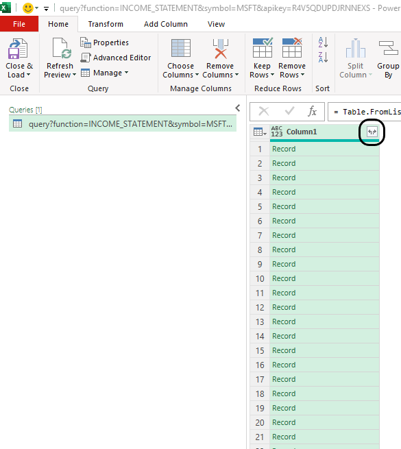 Expanding a column in Power Query to list all the fields.