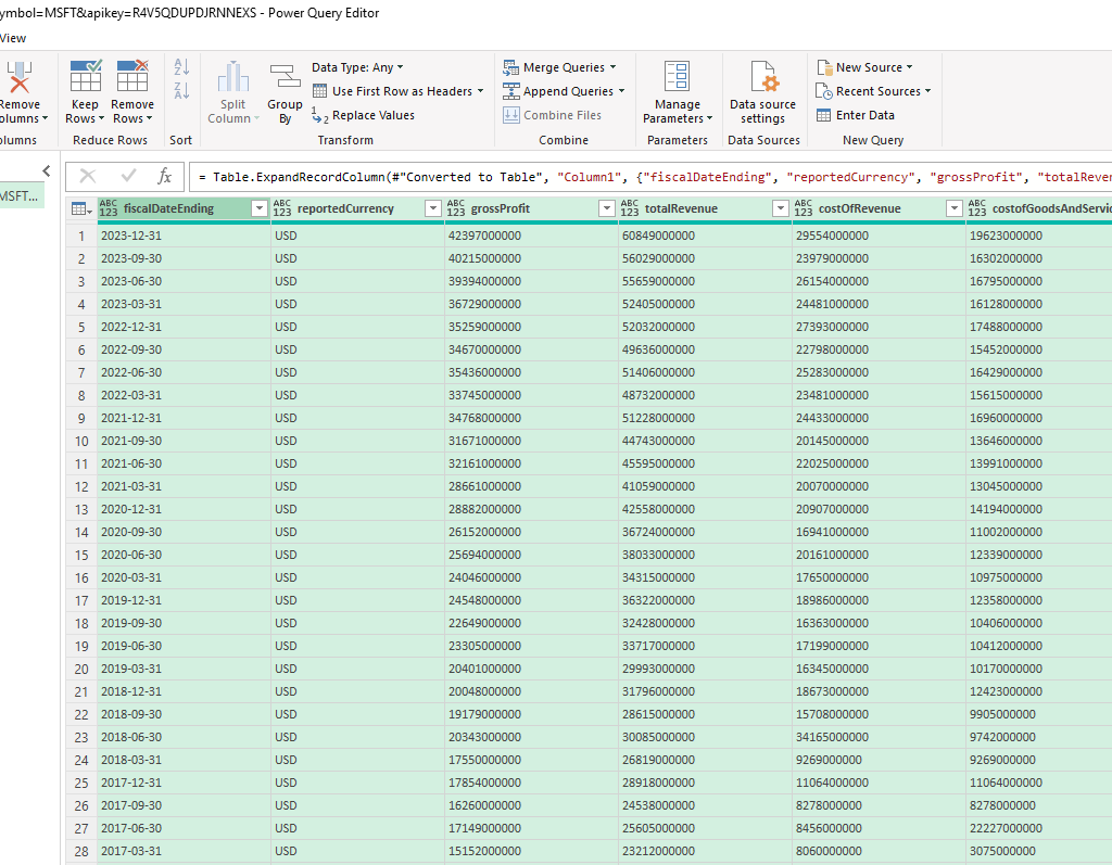 Income statement data loaded in Power Query.