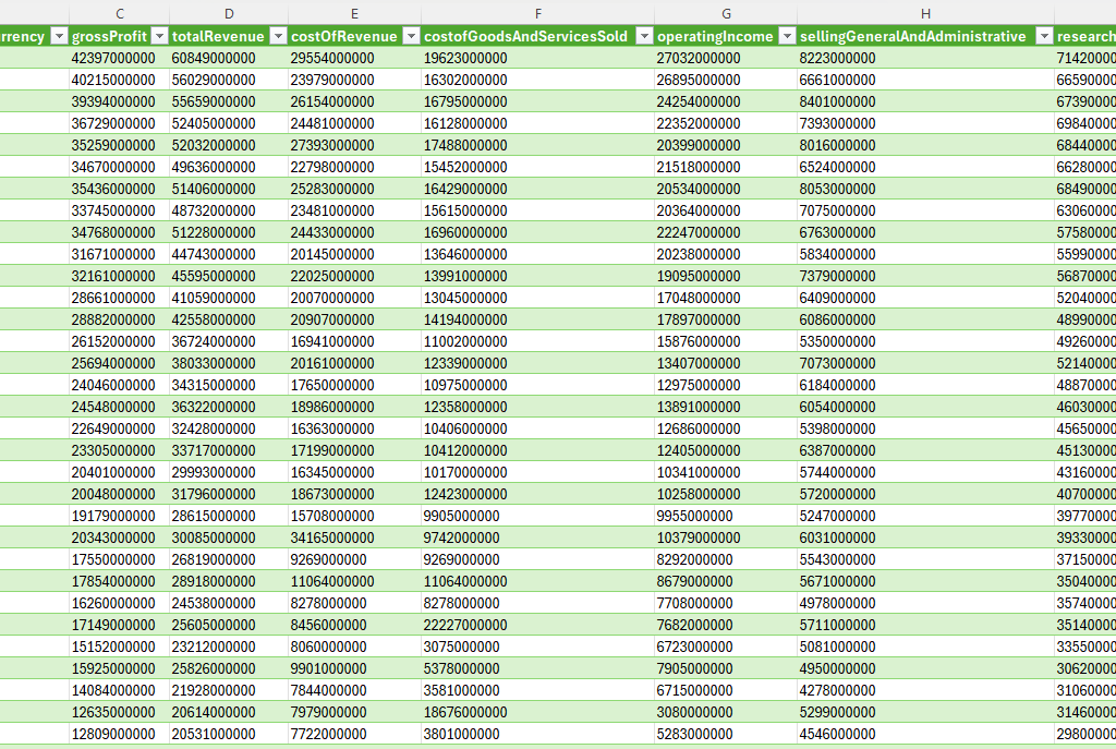 Income statement data loaded into Excel.