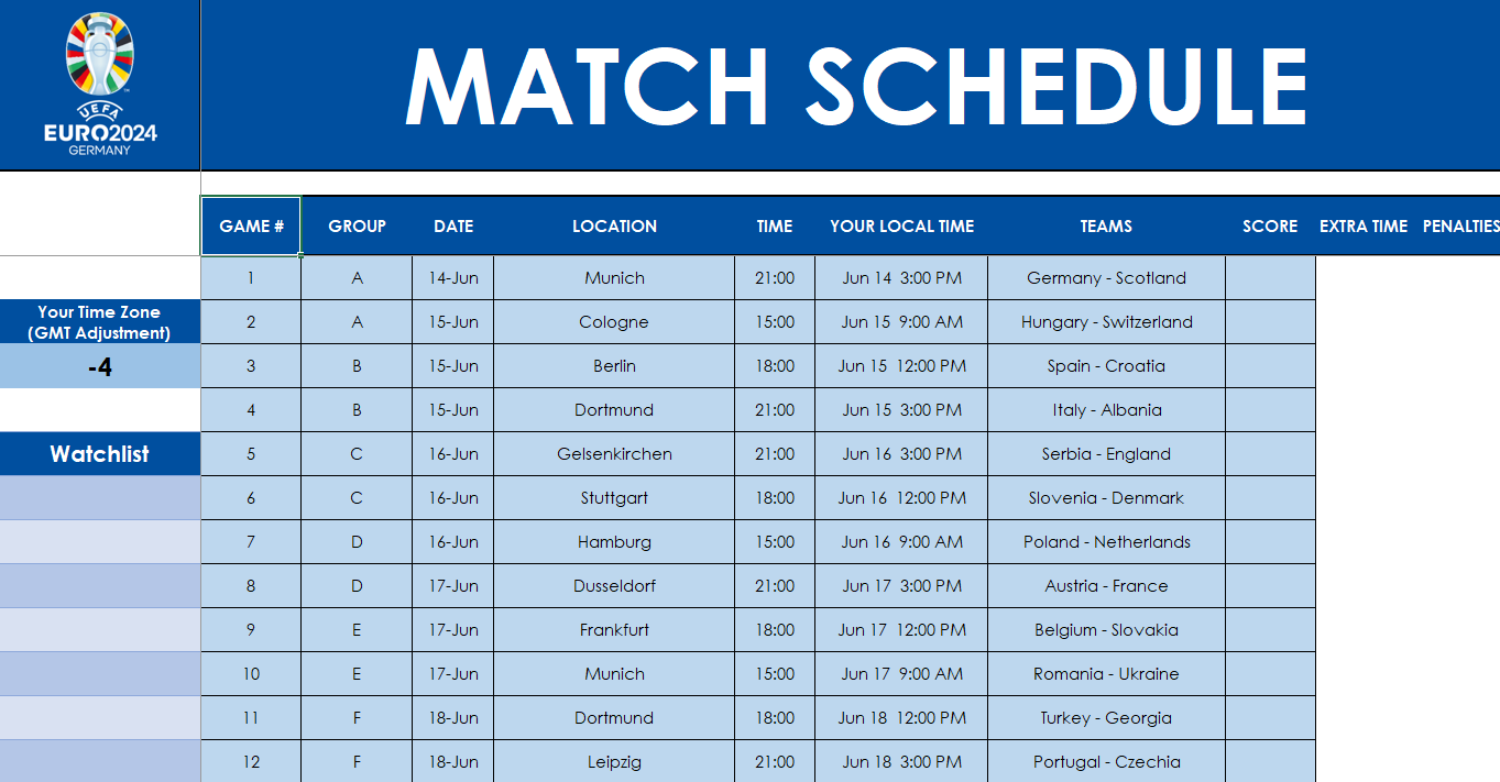 Euro 2024 match schedule showing games in a user's time zone.