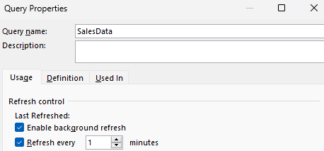 Query properties in Excel set to refresh every minute.