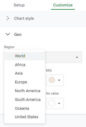 Customizing a map chart in Google Sheets.