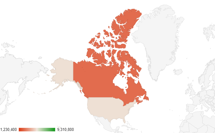 A map chart in Google Sheets focusing on North America.