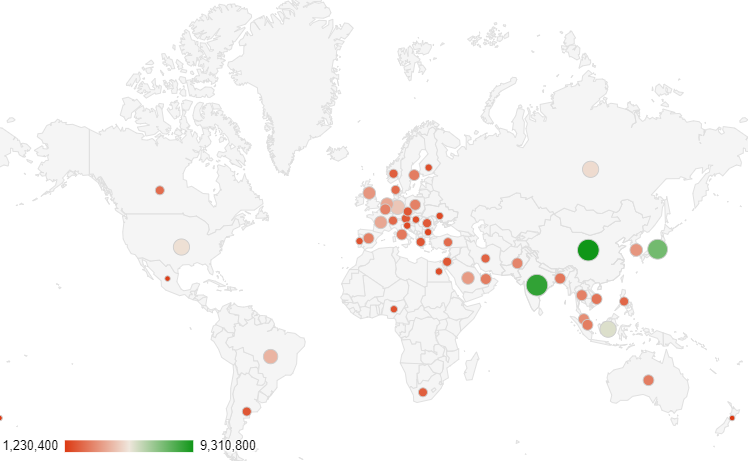 A geo chart in Google Sheets using markers. 