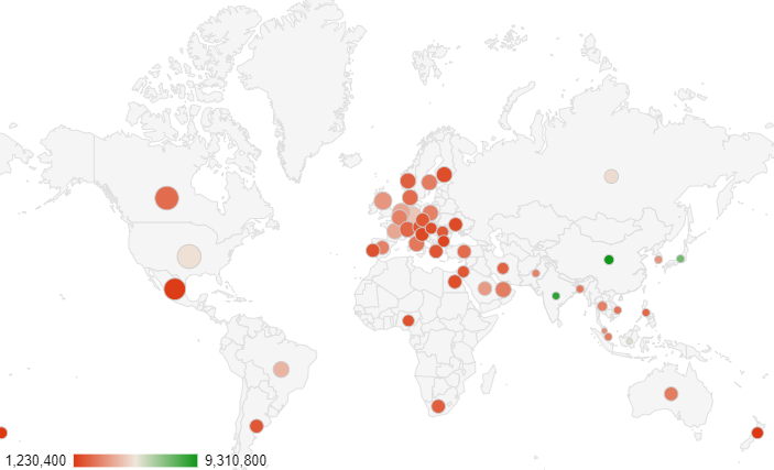 A geo chart in Google Sheets using markers. 