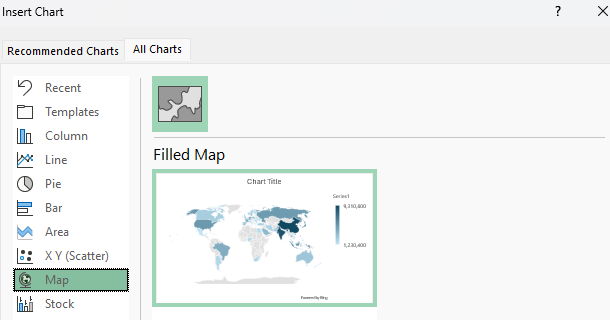 Selecting a filled map chart in Excel.