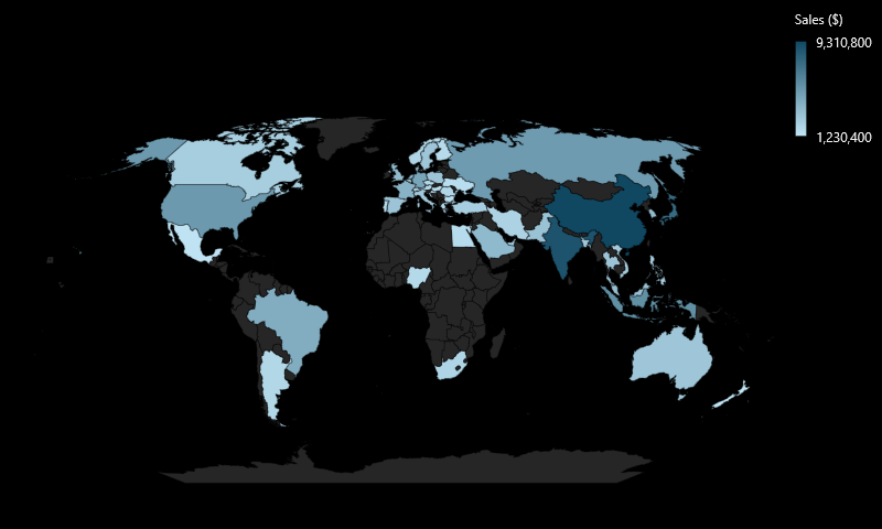 A map chart in Excel with a black background.