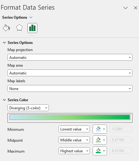 Formatting a data series in a map chart in Excel.